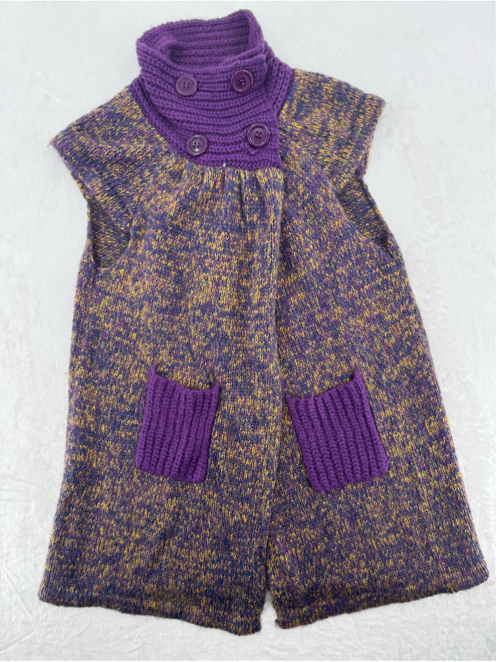 Vintage Sleeveless Wool Blend Sweater Cardigan Purple Funnel Neck Hand Knit Sz L